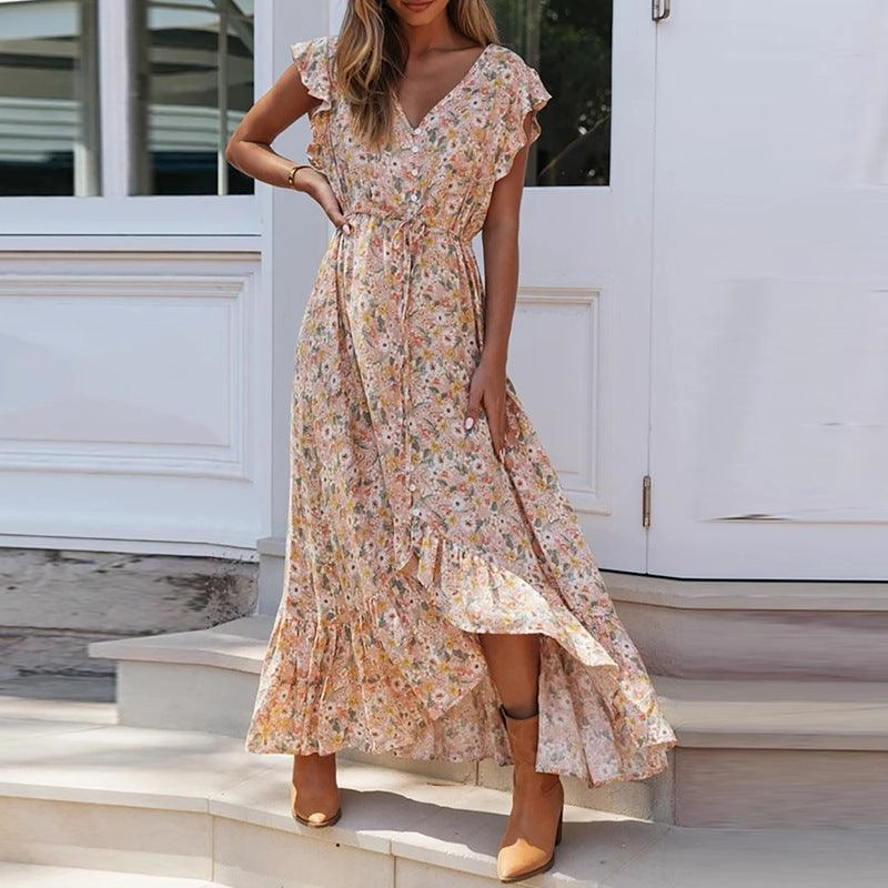 Printed V-neck lace up dress Fair-Trade