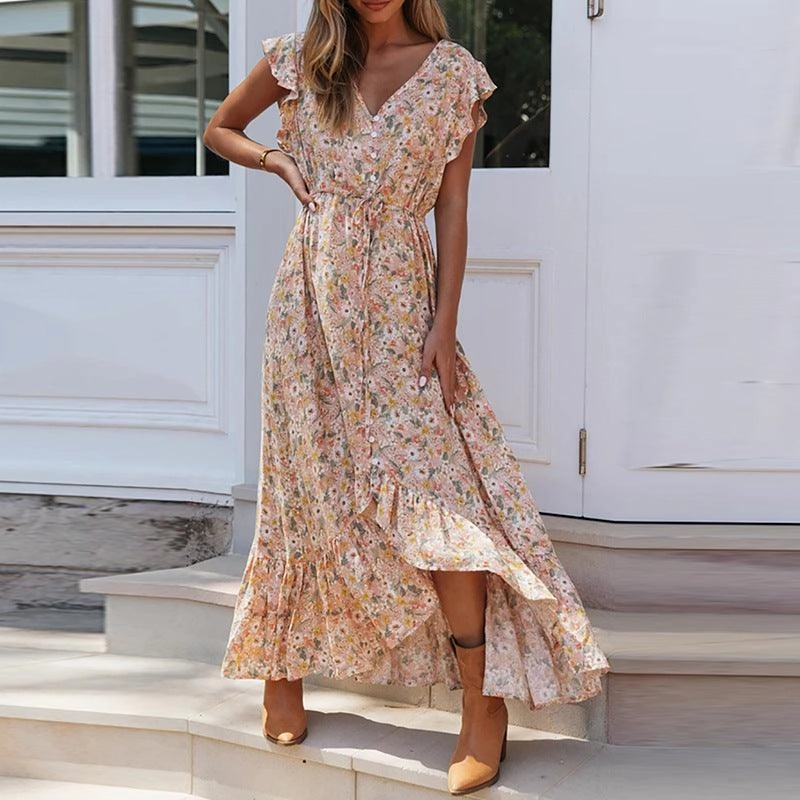 FadeResistantColor Romance Soul Printed V-neck lace up dress