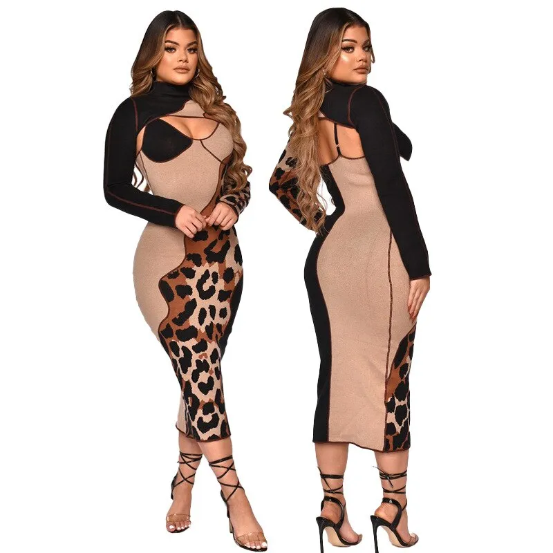 Layered Form Leopard Patchwork Maxi Dresses