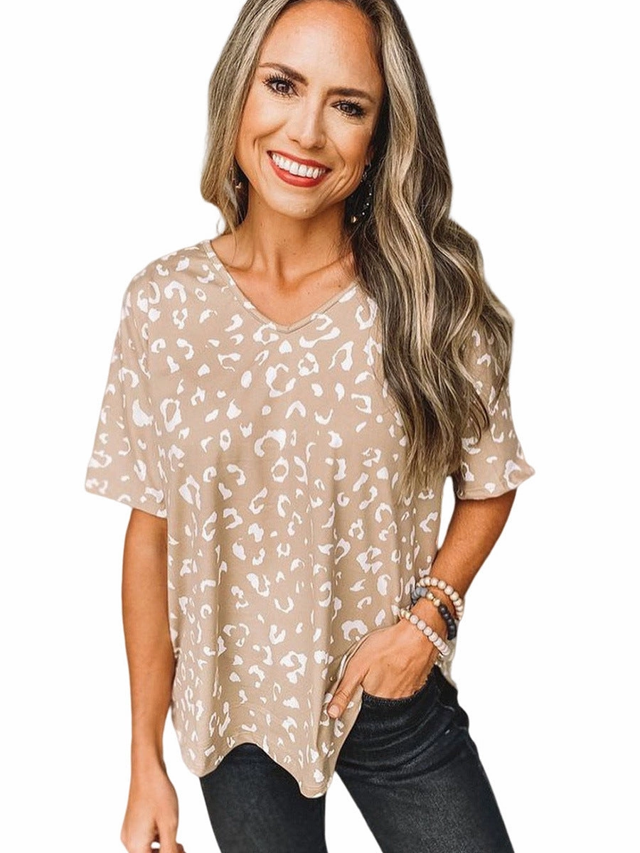Leopard Print Short Sleeve Casual Thin Loose Top Bold Print Two Tone Stitching