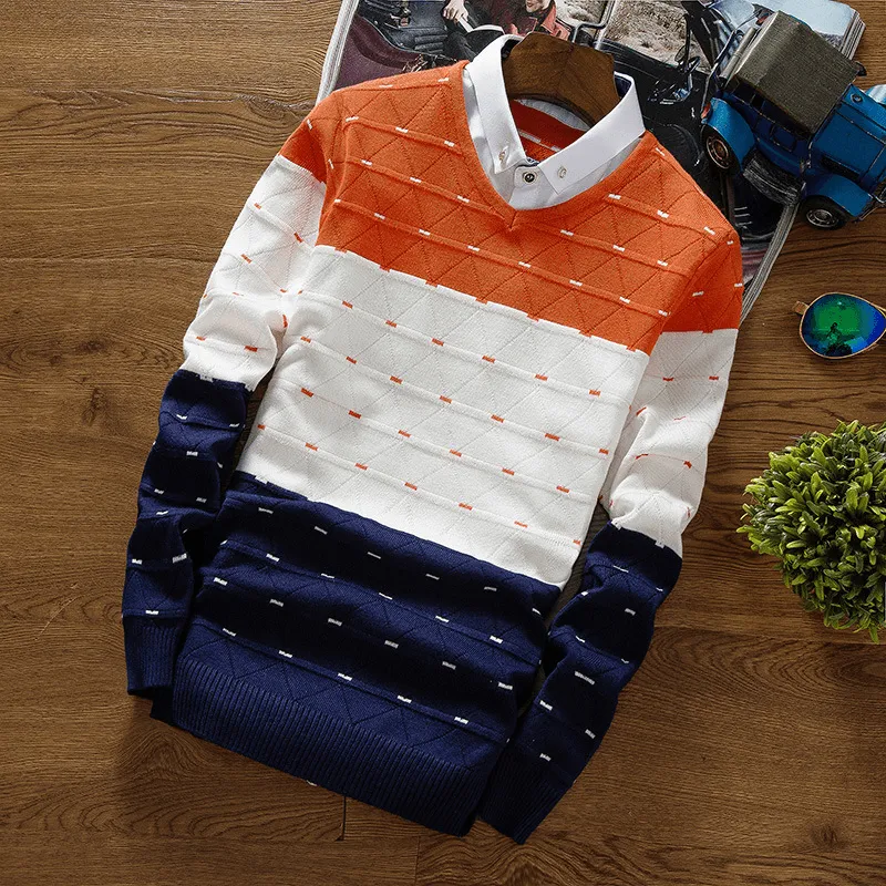 Sport Flex Wear Everyday Knit Men'S Knitted Sweater Fake Two-Piece Shirt Collar Sweater Men