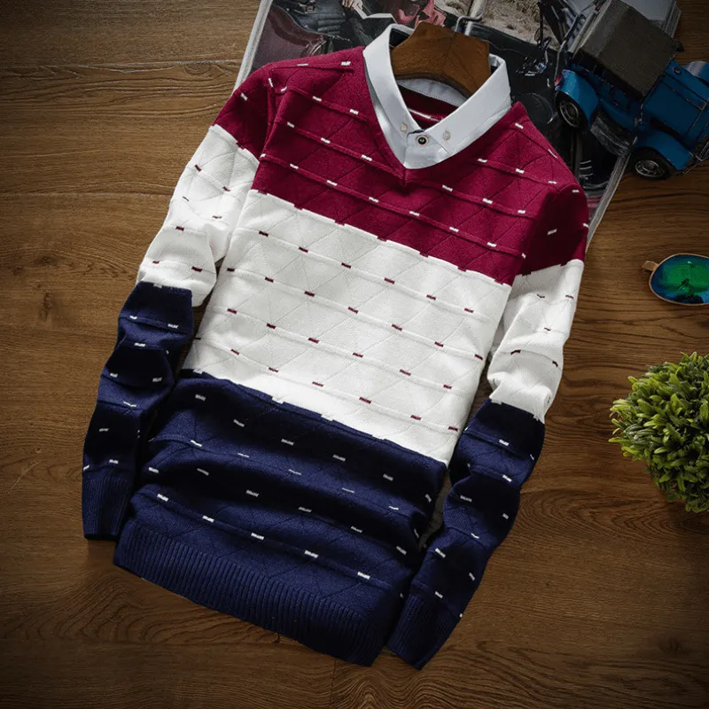 Men'S Knitted Sweater Fake Two-Piece Shirt Collar Sweater Men Lightweight Wear Minimal Design