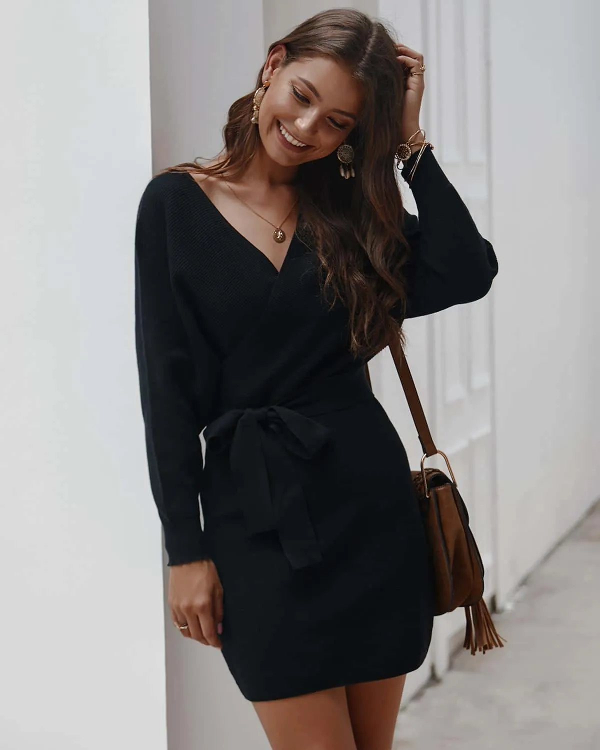 Women's Ribbed Fabric Wrap Sweater Dress All-Season Comfort