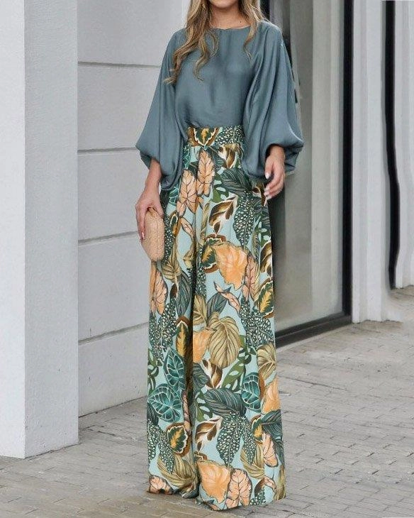 Women's Fashion Lantern Sleeve Printed Top Wide Leg Pants Two-piece Set Office Model