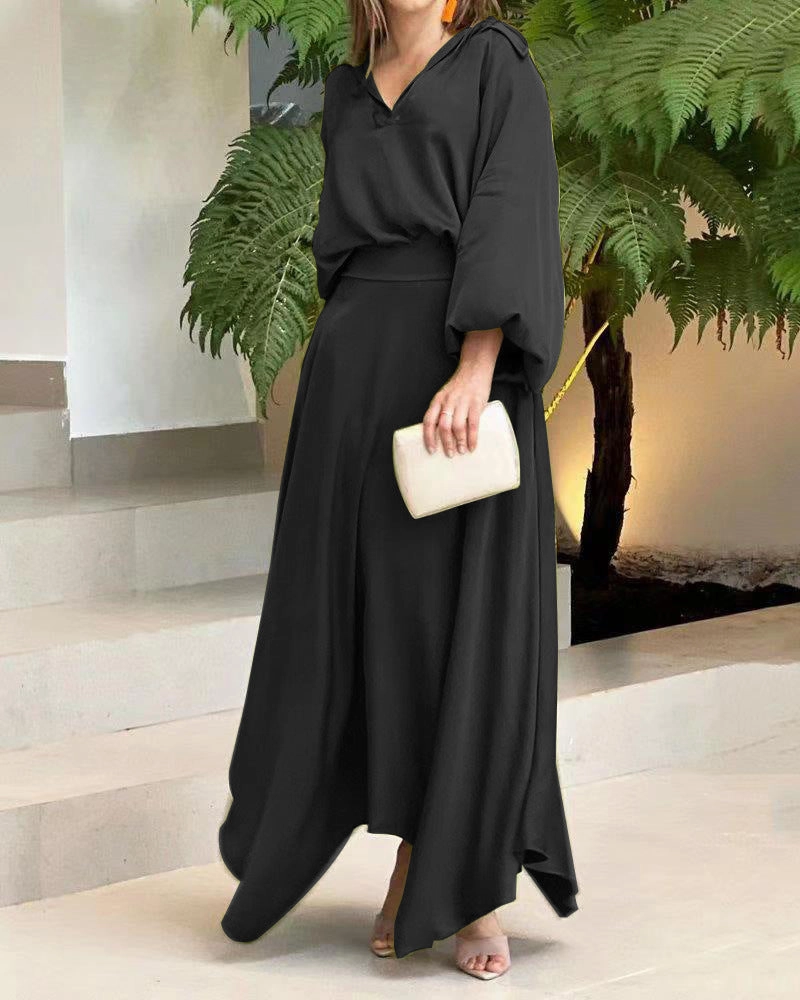 European And American Foreign Trade Women's Clothing New Loose Plus Size Solid Color Long-sleeved Top High Waist Long Skirt Suit Bold Traveler