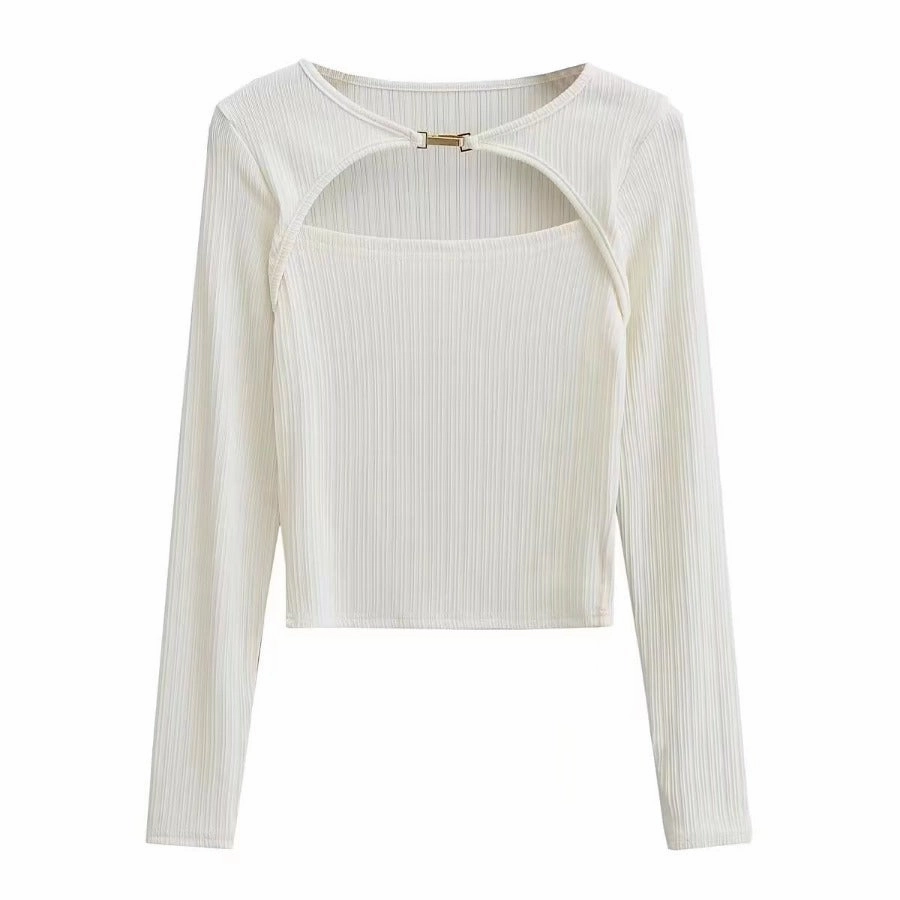 School Days Elastic Tight Thin Hook And Loop Design Long Sleeved Bottoming Shirt For Women