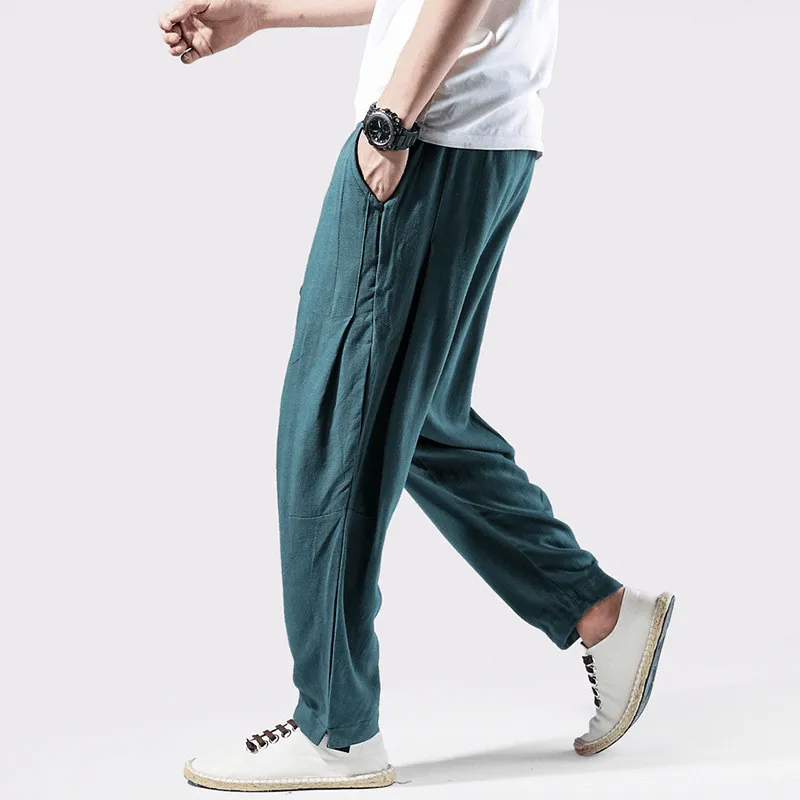 Minimal Waist Simple Utility Linen Pants Chinese Style Casual Loose Large Size Harem Pants