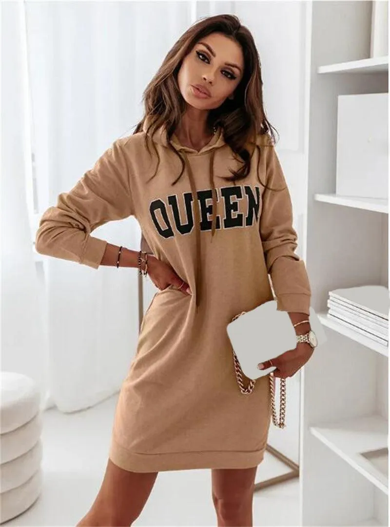Monochrome Mood Street Casual Long Sleeve Hooded Letter Sports Casual Dress