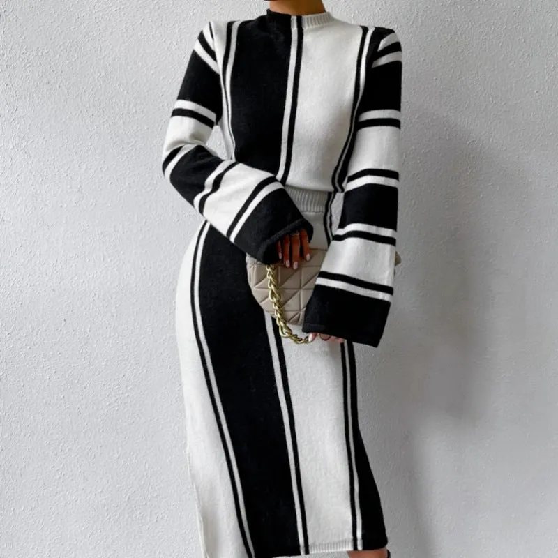 Long Striped Crew Neck Casual Women's Knitted Dress Elegant Waist Design Straight-Cut
