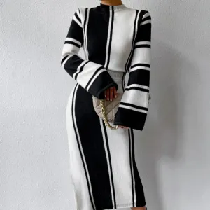 Long Striped Crew Neck Casual Women's Knitted Dress Soft Fit Wear