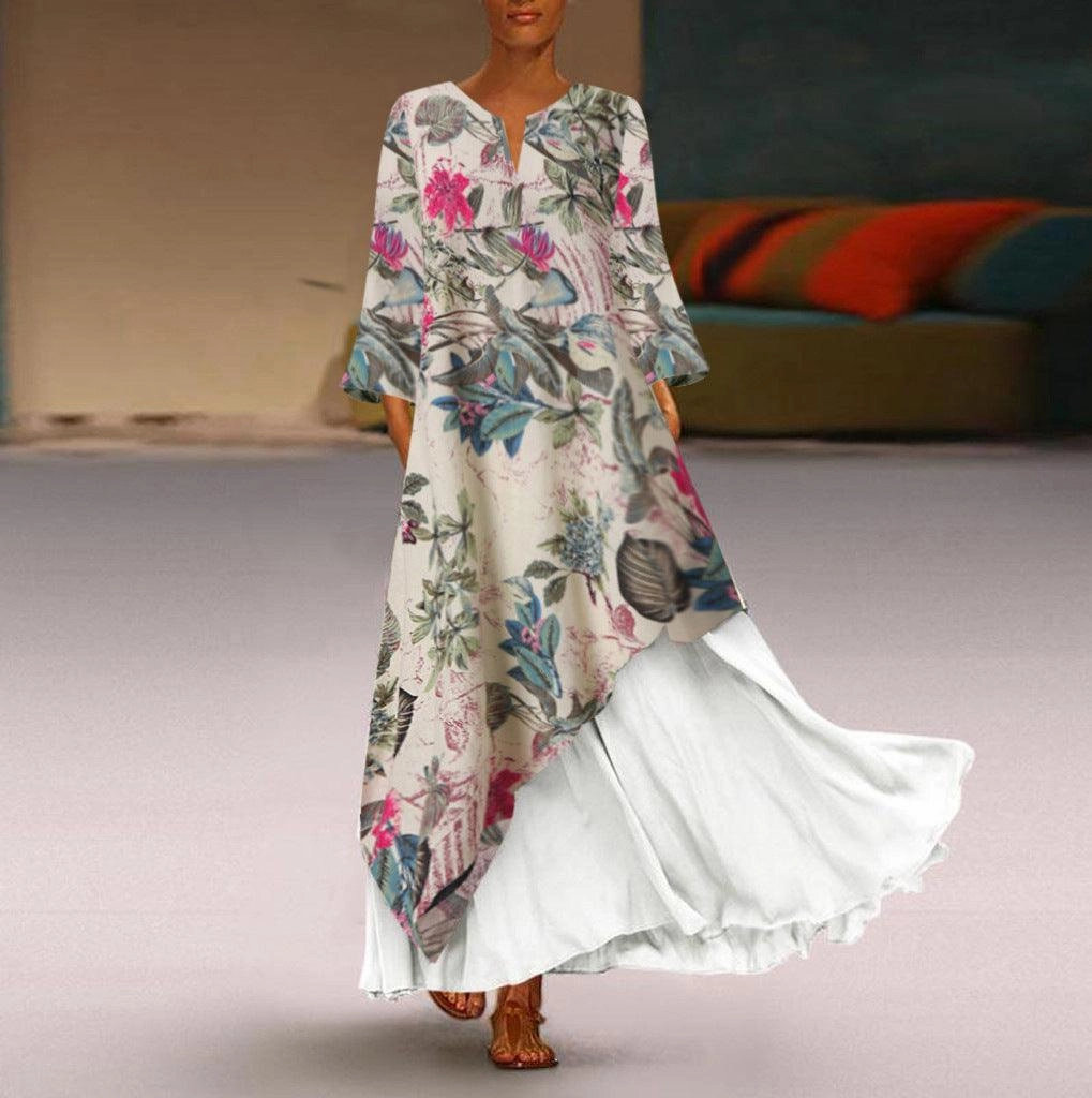 Layered Movement Long skirt and long sleeves fake two-piece V-neck