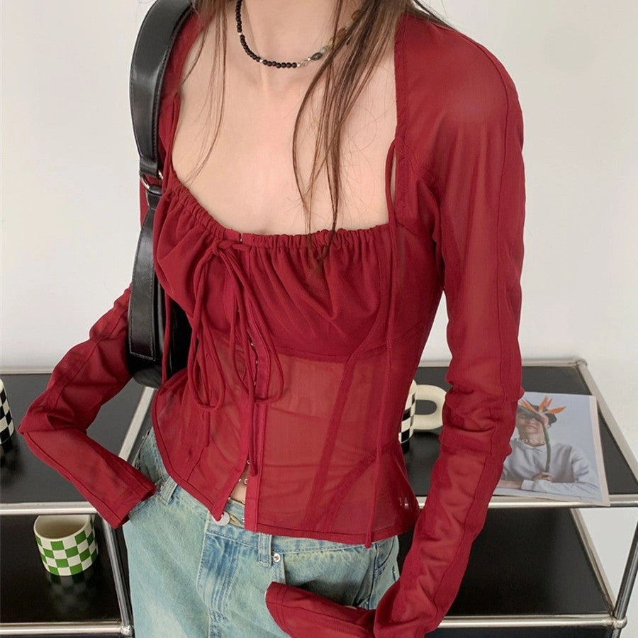 Resort Wear Spring Trend Long Sleeved Lace Up Corset Slimming Top