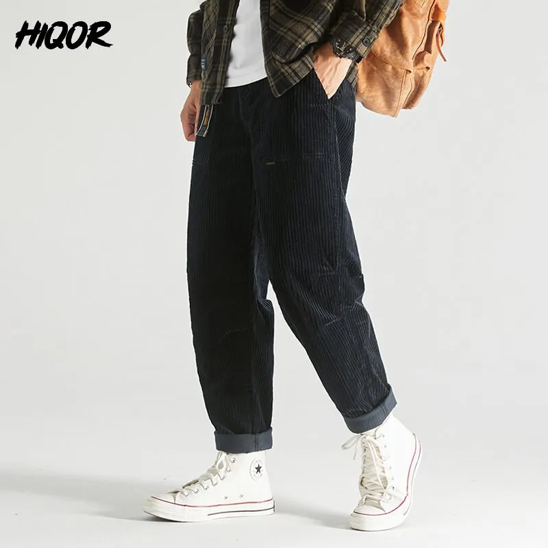 Heather Effect Finish MultiPocketDesign Loose Corduroy Male Cargo Pants