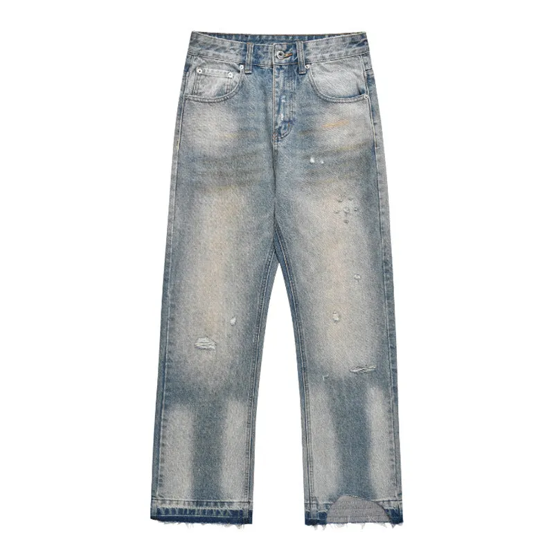 Loose Straight Leisure Washed-out Worn Jeans Men Cropped length Creative Look Elegant Road Trip