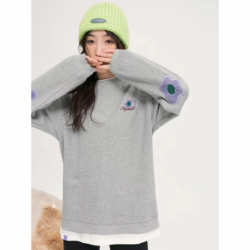 All Season Versatility Lounging At Home Loose Fit Fake Two-Piece Sweatshirt with 3D Flower Embroidery