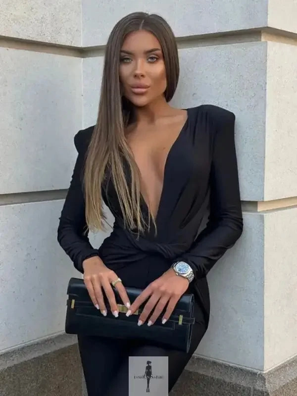Cool Trendy Deep V Neck Long Sleeve Skinny Jumpsuit