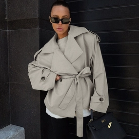 WrinkleFreeFinish Loose Waistband Long Sleeve Trench Coat Casual Jacket