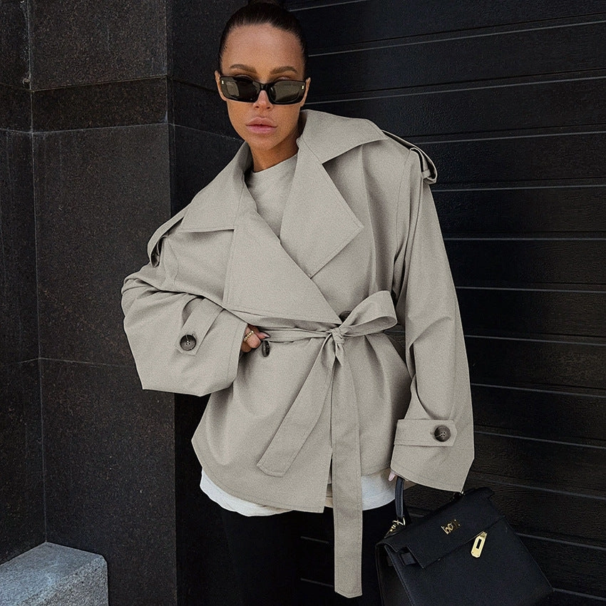 WrinkleFreeFinish Loose Waistband Long Sleeve Trench Coat Casual Jacket