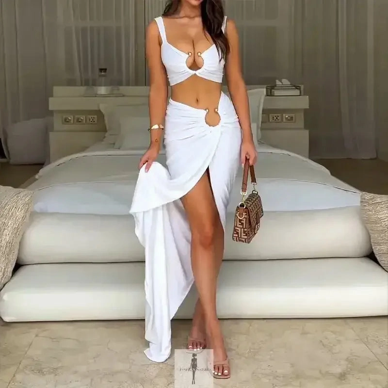 Sleeveless Cut Elegant Mature High Waist Pleated Slit Long Skirt with Top