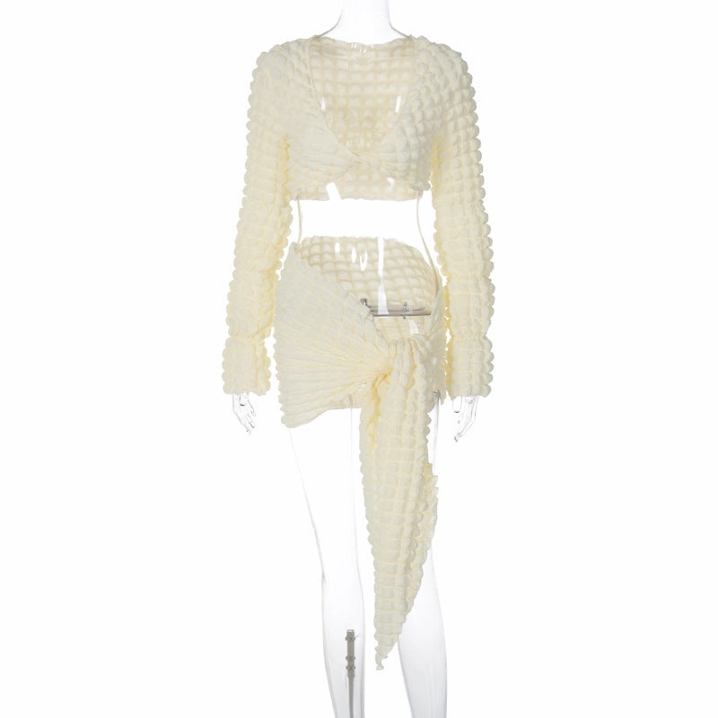 Low-cut V-neck Long Sleeve Top Knotted Short Hip Skirt Suit Stylish Gym Hot Unique