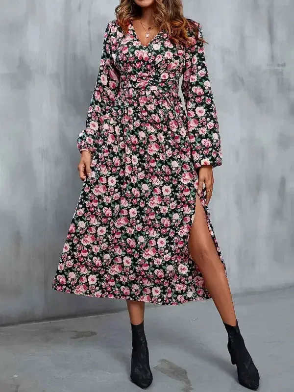 Vacation Mood AbrasionResistant Fabric Floral V-Neck Slit Midi Dress