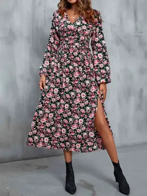 Floral V-Neck Slit Midi Dress AntiStatic Cloth QuickDry Technology