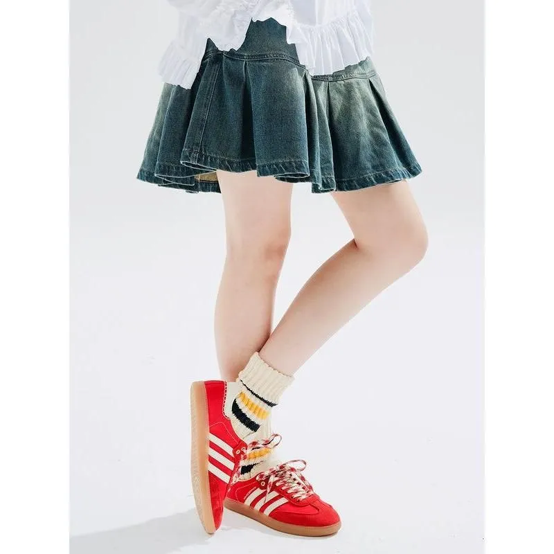 Silk-Blend Fresh Combo Autumn Winter Casual Denim A-Line Skirt with Pockets