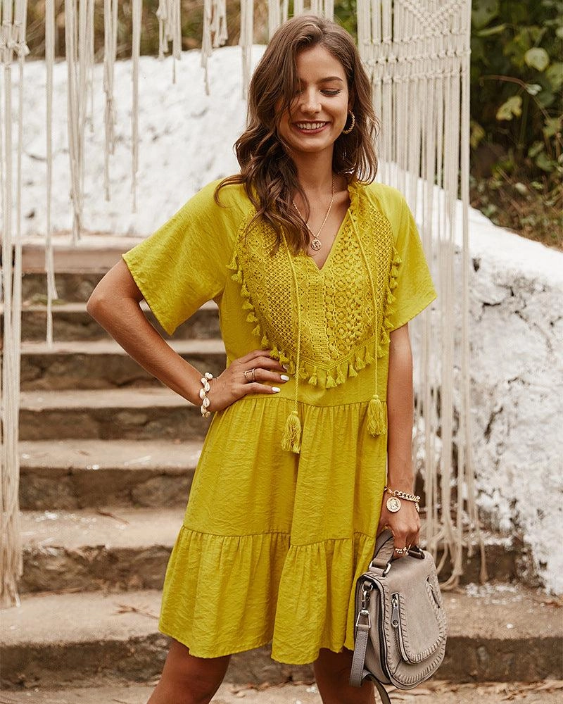 Flowing Texture Lace stitching solid color V-neck dress