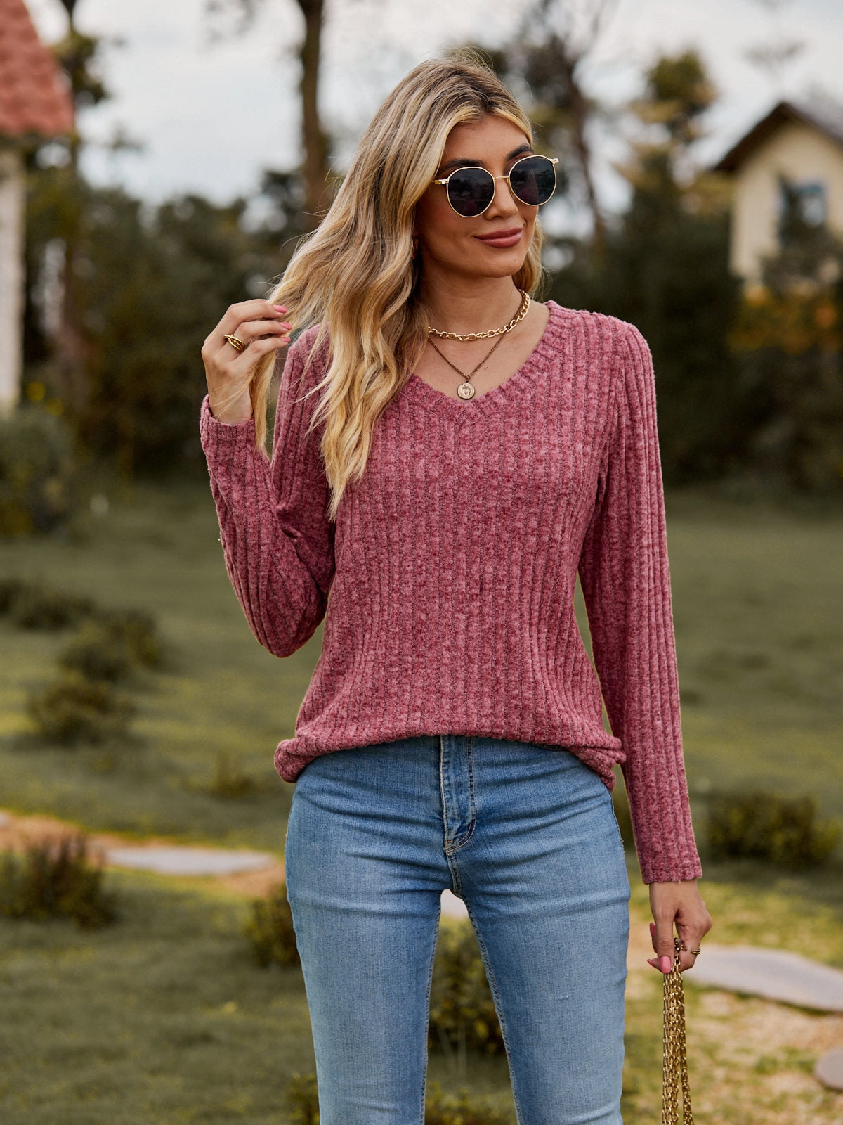 V-neck Brushed Sunken Stripe Solid Color Top Long Sleeve light layering Casual Style