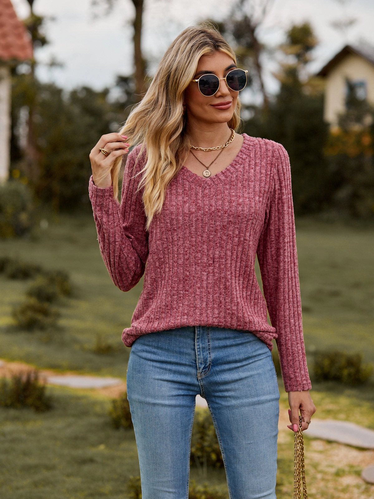 V-neck Brushed Sunken Stripe Solid Color Top Long Sleeve Ribbed Hem Detailing crew neck