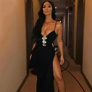 Pearl Tone 4Way Stretch Luxury Crystal Flower High Split Dress