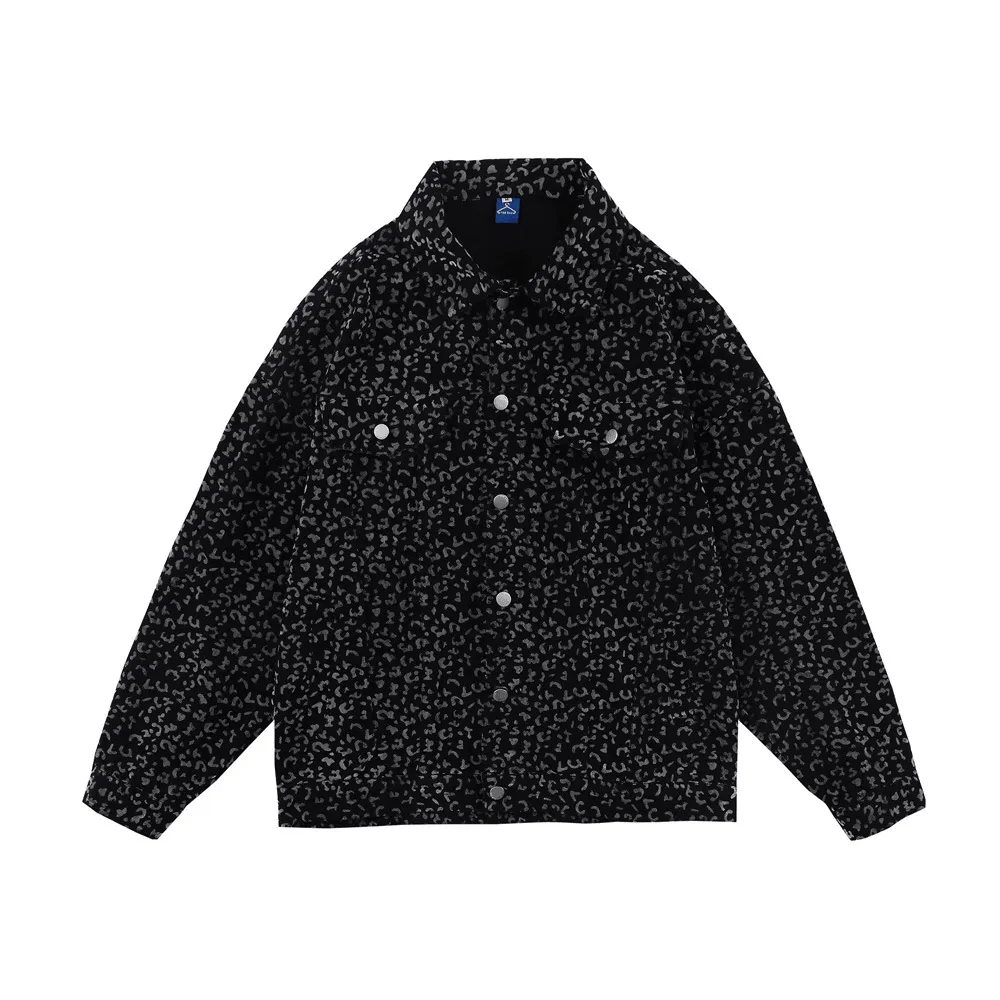 Men'S Leopard Print Jacket Loose Lapel Workwear Jacket Denim Flat Lock Stitching