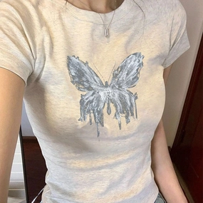 Butterfly Print Short Sleeve Shoulder Women's Summer Active Lifestyle Anti Pilling Treatment