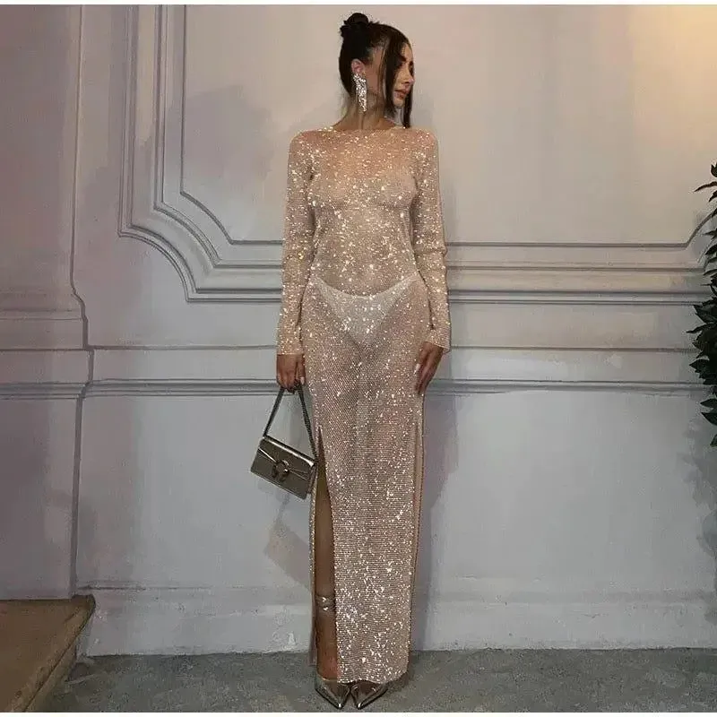 Breathable mesh Rhinestone maxi summer dress