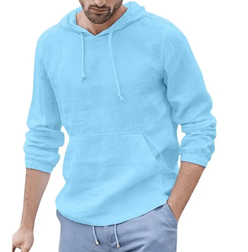 High End Men'S Cotton and Linen Pullover Long Sleeved Hooded T Shirt