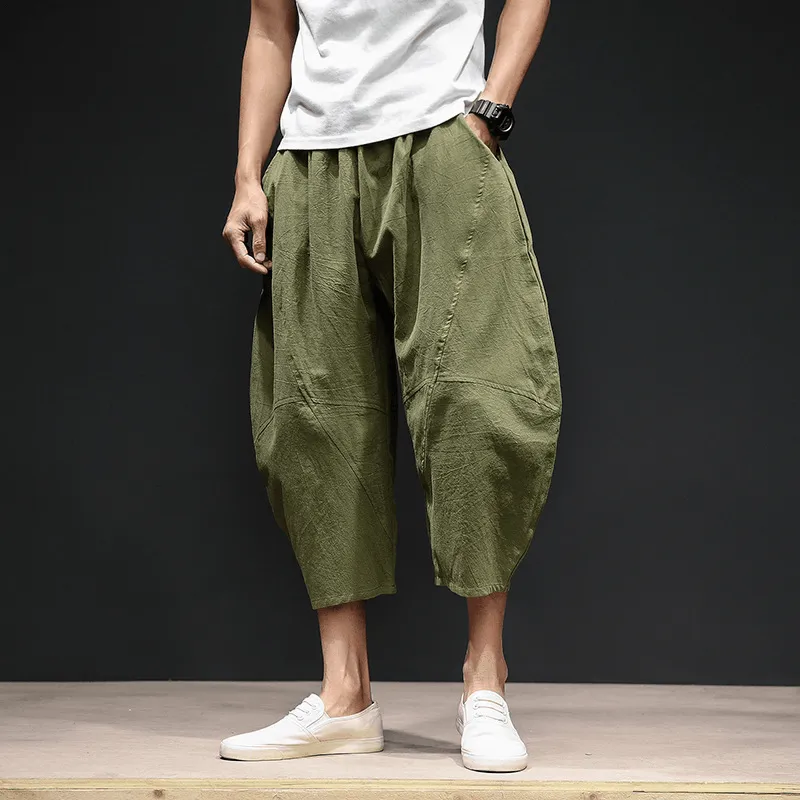 Men'S Cropped Bloomers Loose Wide-Leg Pants plus Size Harem Pants Versatile Layering