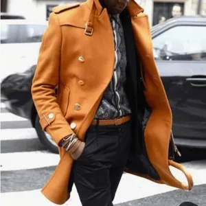 Men'S Mid-Length Solid Color Slim-Fit Lapel Coat Rubberized Trims