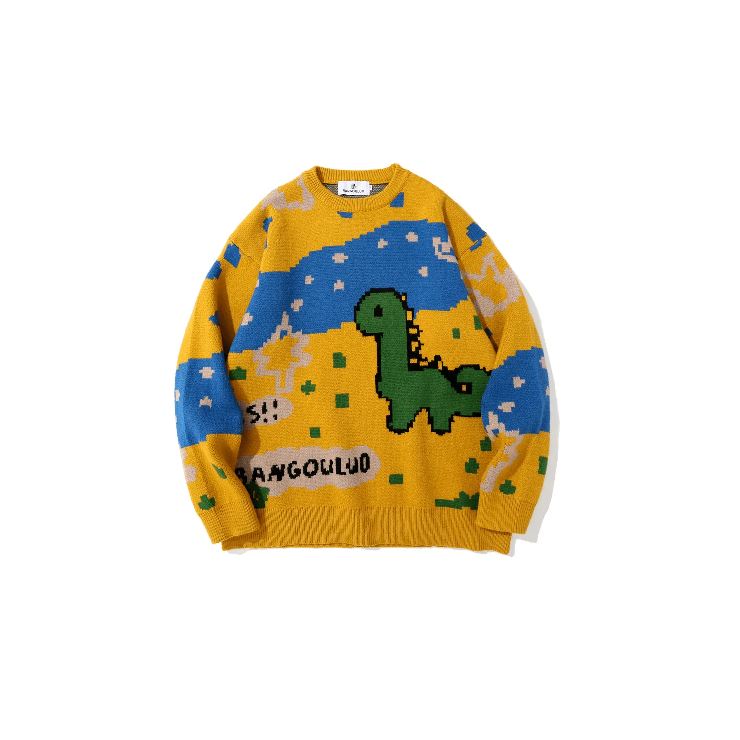 Snuggly Pieces Men'S round Neck Dinosaur Print All-Match Casual Loose Sweater