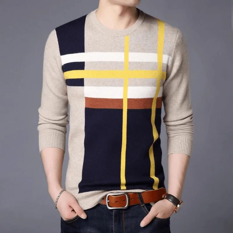 Men'S round Neck Striped Loose Long Sleeve Sweater Quick Dry Fit Quick Knit