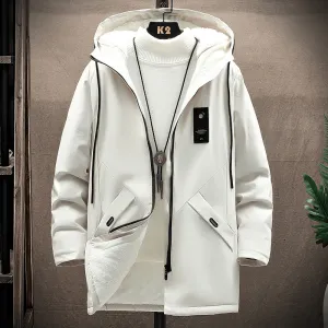 Men'S Solid Color Hooded Jacket Korean Version plus Velvet Thickening Weatherproof Zipper Closure