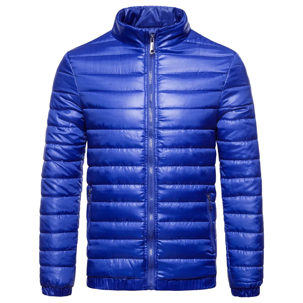Men'S Solid down Cotton Jacket with Standing Collar Vegan Leather Accents Breathable Technology