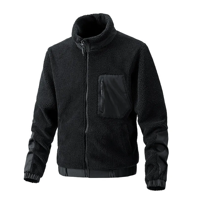 Men's Standing Collar Solid Color Fleece Jacket Quilted Stitching Organic Cotton Blend