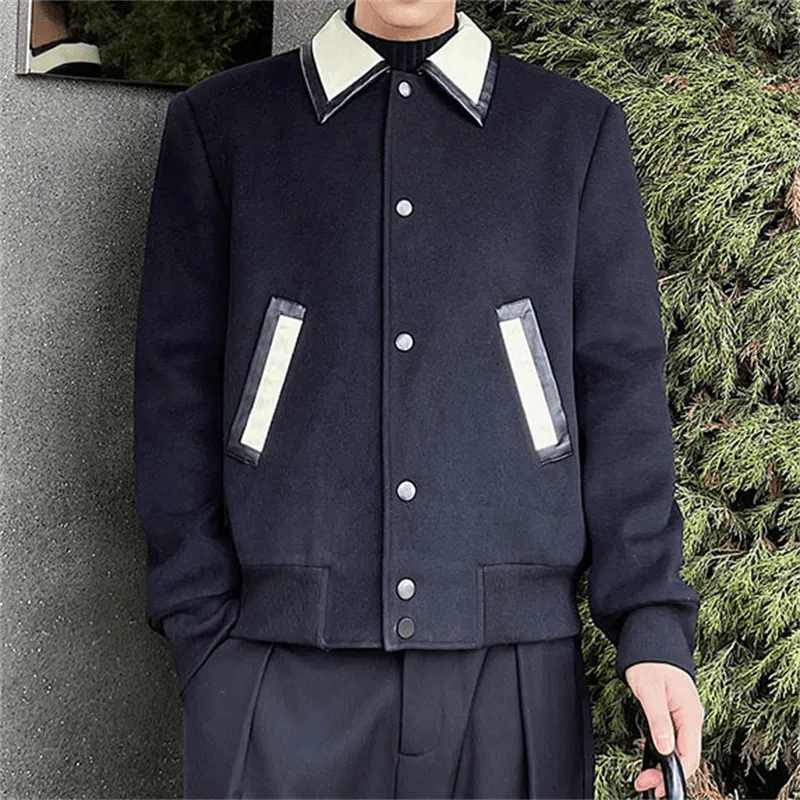 Mesh Venting Windproof Material Men'S Wool Contrast Leather Lapel Jacket