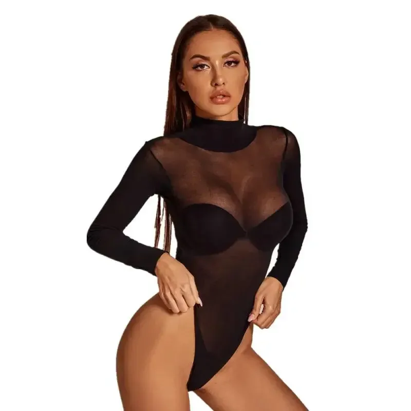Mesh Black Bodysuits Silver Glow StretchableFabric