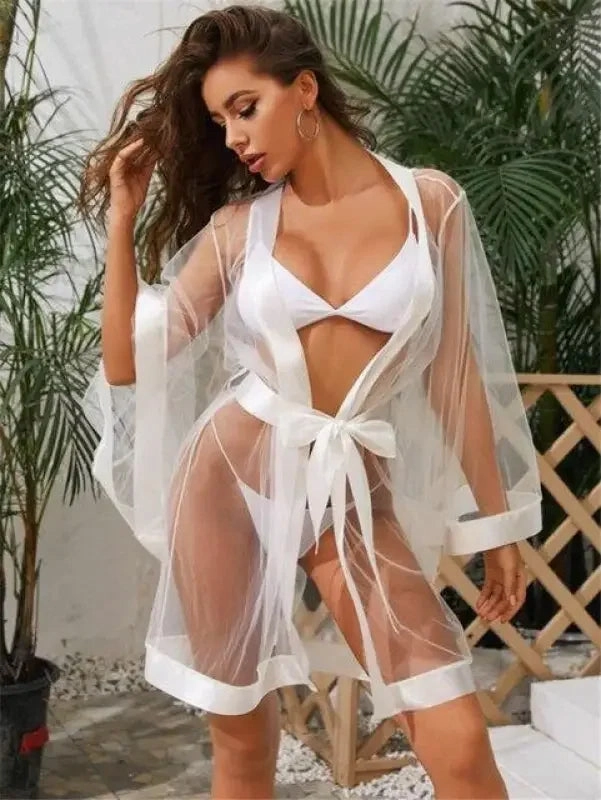 Summer Staple Shimmer-Effect Mesh Kimono Robe   Belt   G-String 3 Piece Set