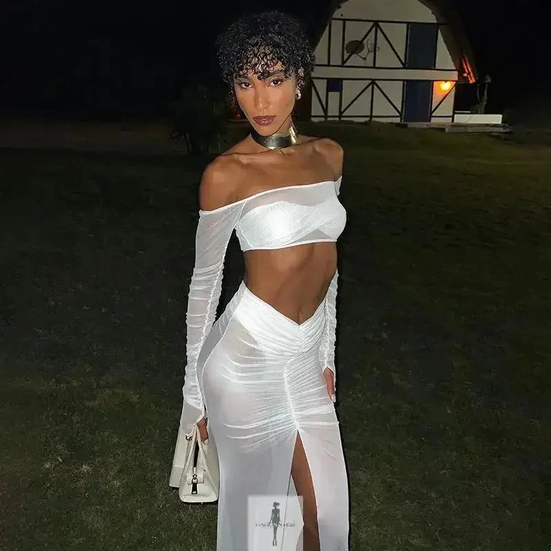 Seasonal Essential Relaxed Waist Fit Mesh Skirt Set Strapless Crop Top