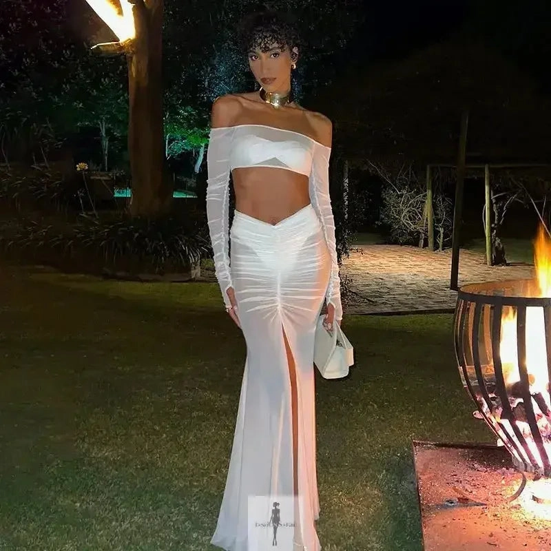 Street Style Clean Finish Mesh Skirt Set Strapless Crop Top