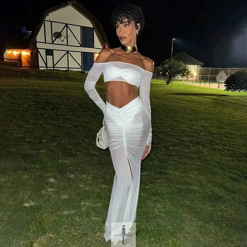 Back Glow Mesh Skirt Set Strapless Crop Top