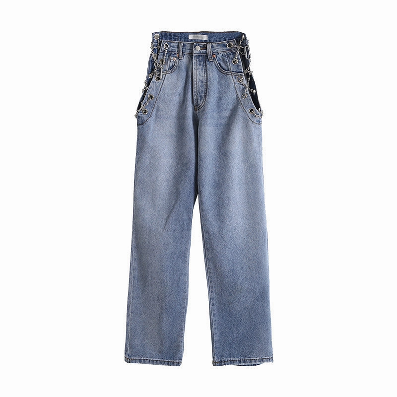 Modern Weekend Style Low Profile Zipper Metal Chain Cutout Design High Waist Jeans Sexy Straight Pants