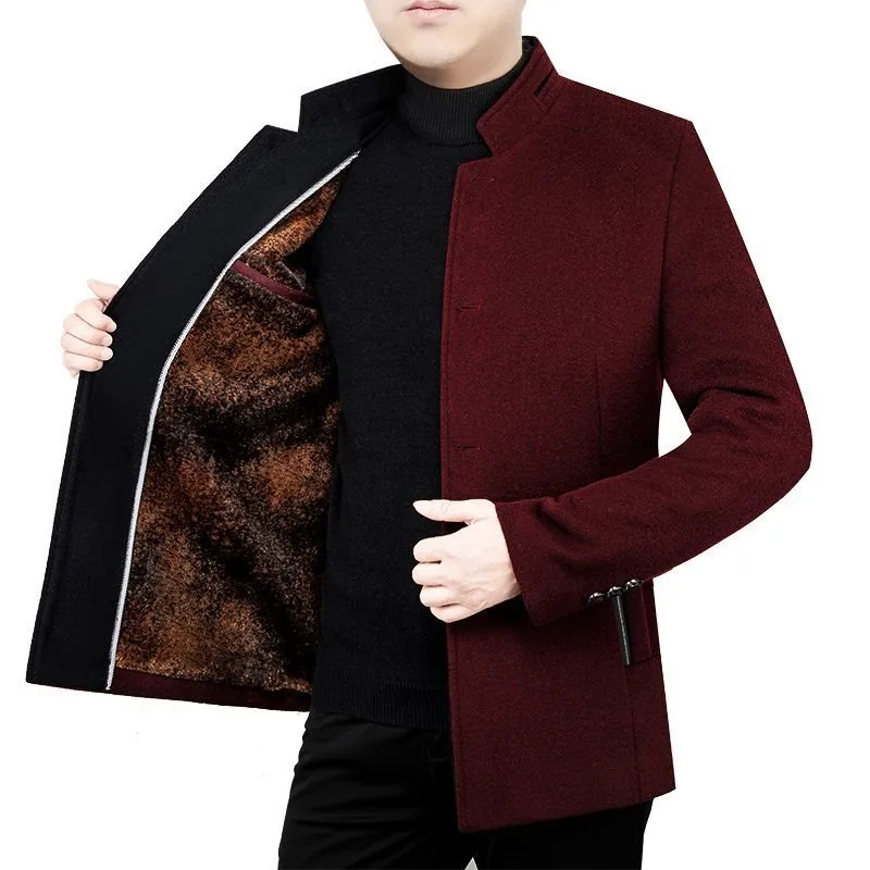 City Ready Strong Stitches Middle-aged Men's Woolen Coat Velvet Stand Collar Dad Wear Autumn And Winter Fleece Padded